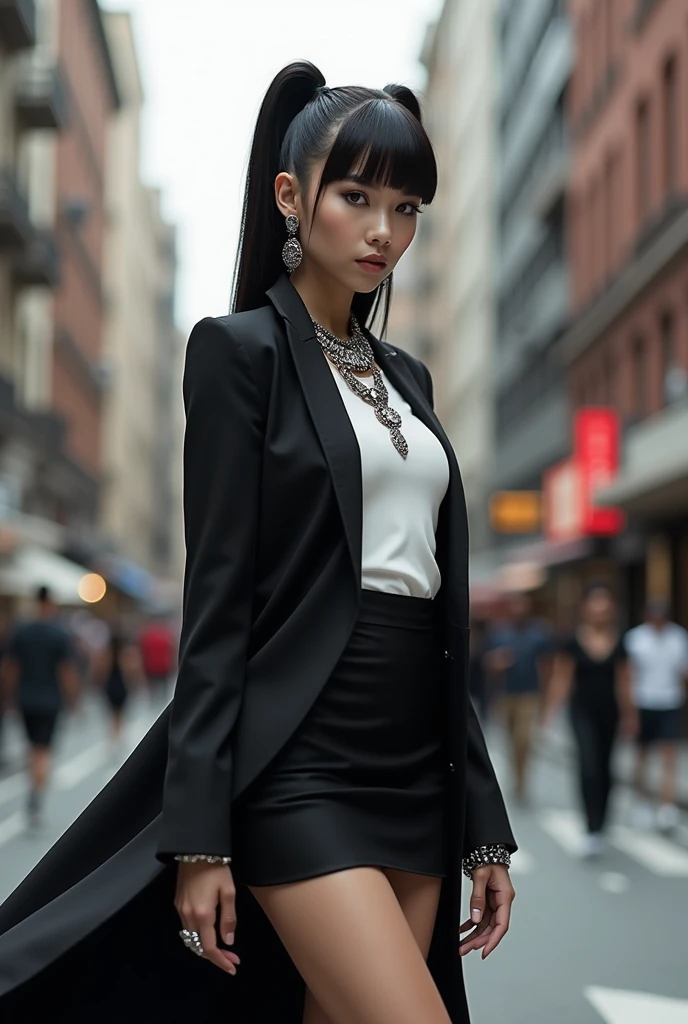 (Blunt bangs, Princess Bang))), (((Very heavy,Voluminous bangs:1.1))),(((very long, Very heavy,Very voluminous side locks:1.1))),, Hime cut, Straight bangs hairstyle, People with round faces and plain bangs, dull with long hair、Bangs cut straight,))High Fashion Portrait, (Highest quality, detailed,masterpiece:1.2), Realistic, 1 person, Beautiful woman, Full Body Shot, Fashion Model, Dynamic pose, break small head, break (detailed buttocks, detailed legs, detailed body line, tight small breasts, Very small waist, Tight little ass, Beautiful muscular legs, Beautiful legs, Creates a sculptural beauty:1.2), Beautiful white, silky skin, A slim and beautiful neck, (Full Body Shot, Dynamic pose:1.2), break Opt for a sleek, (((Black Japanese style jacket, White long dress shirt,Black long skirt,Black boots))) Accessorize with an abundance of statement jewelry, Includes large silver cufflinks, oversized hoop earrings, Style hair in a sleek, Architectural Upstyle, Sharp angles and a sleek finish give it a futuristic feel., break small head, detailed face, ((Full body photo))((Directly facing)))looking at the camera,masterpiece，Highest quality，8k，クレイジーなdetailed，複雑なdetailed，超detailed，super quality，High detail(((The hem of the skirt is fluttering in the wind,))Costume,))looking at the camera(Realistic、Realistic:1.37)、,Highest quality, figure, 超detailedな, finely, 完璧なダイナミックな構figure, ((Taken in the middle of the scramble intersection)), Beautiful and fine details,Expressionless，, ,20 years old，Model body type,, ,Women are paying attention, Her face is beautiful and delicate，Showing an otherworldly beauty。,A female model stands tall in a crowded city street,, Fashion Model,looking at the camera,masterpiece，
