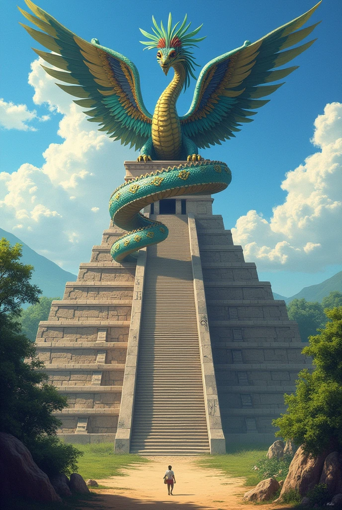 Quetzalcoatl on top of a 365-step Mayan pyramid surrounding the pyramid with his tail and a view from the front of the pyramid and a view from the ground
