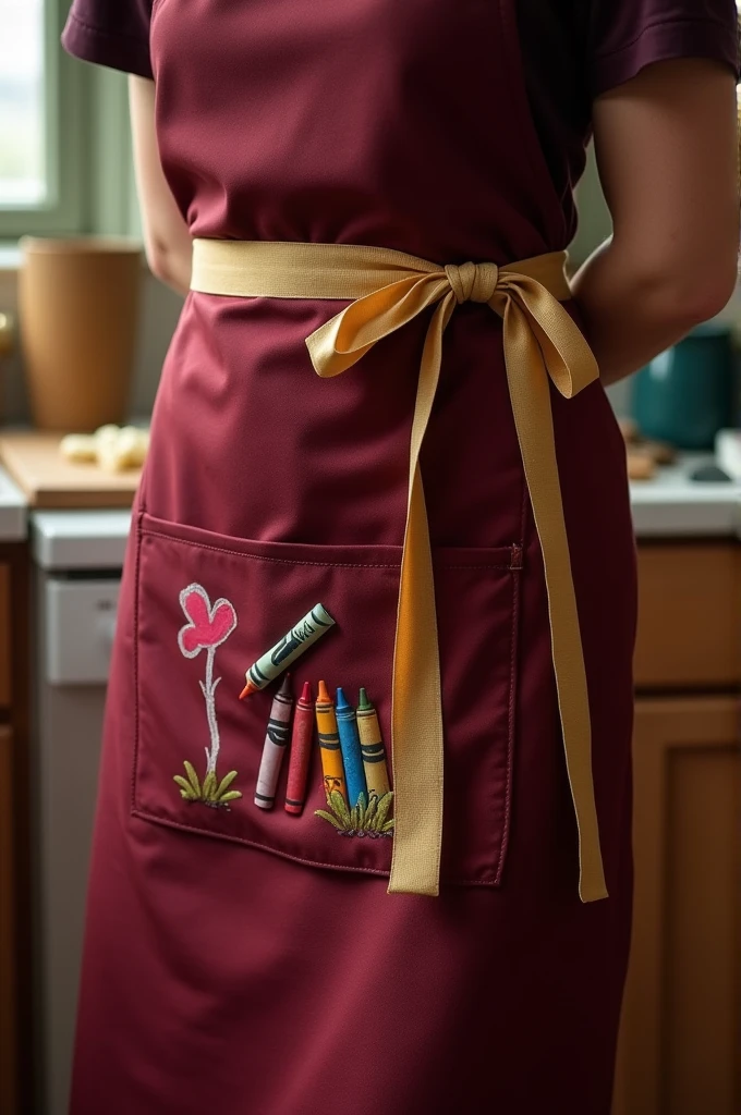 A maroon apron with a golden ribbon round it and a pocket at lower part with crayon picture illustration