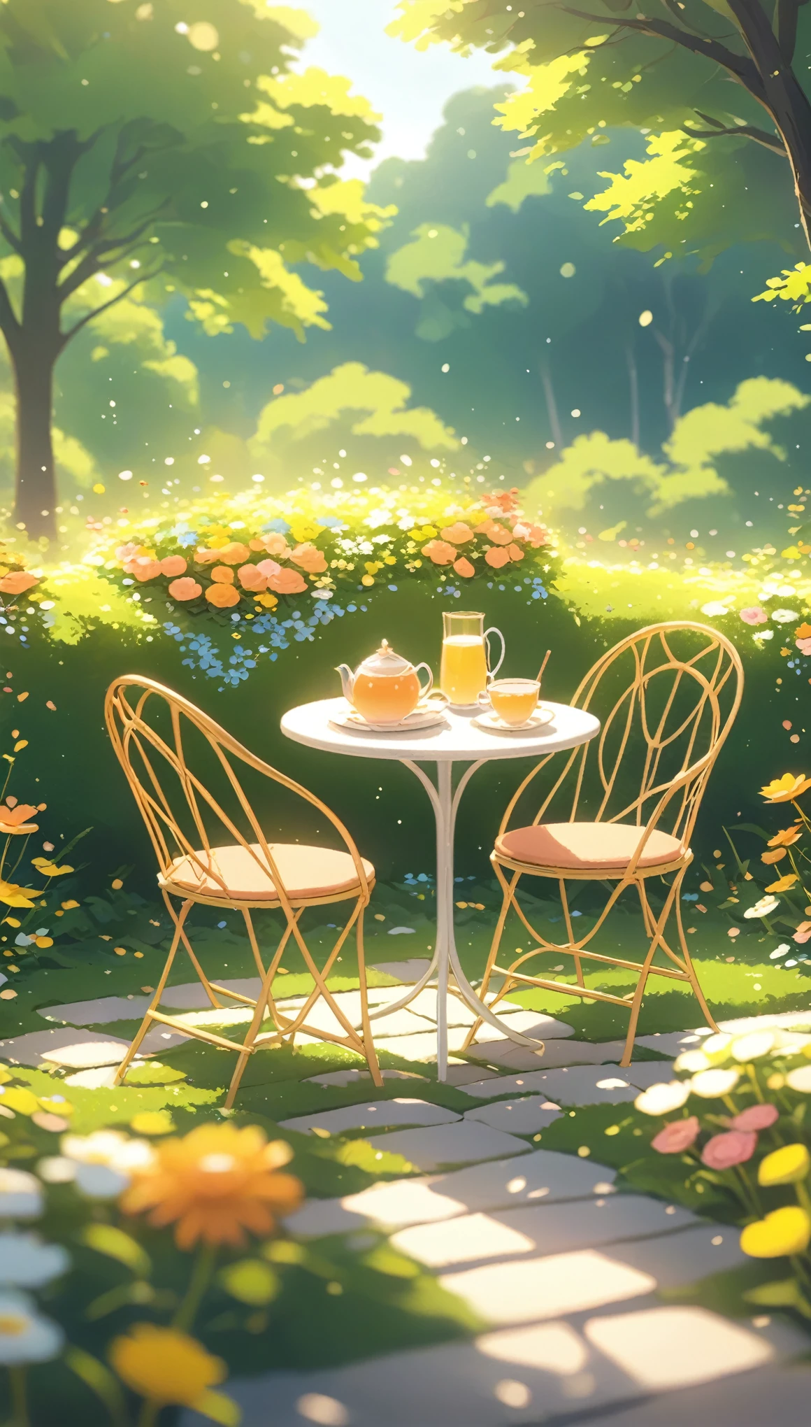 English afternoon tea with a view, Warm flower garden,Pink orange ,There are no human characters.,No people