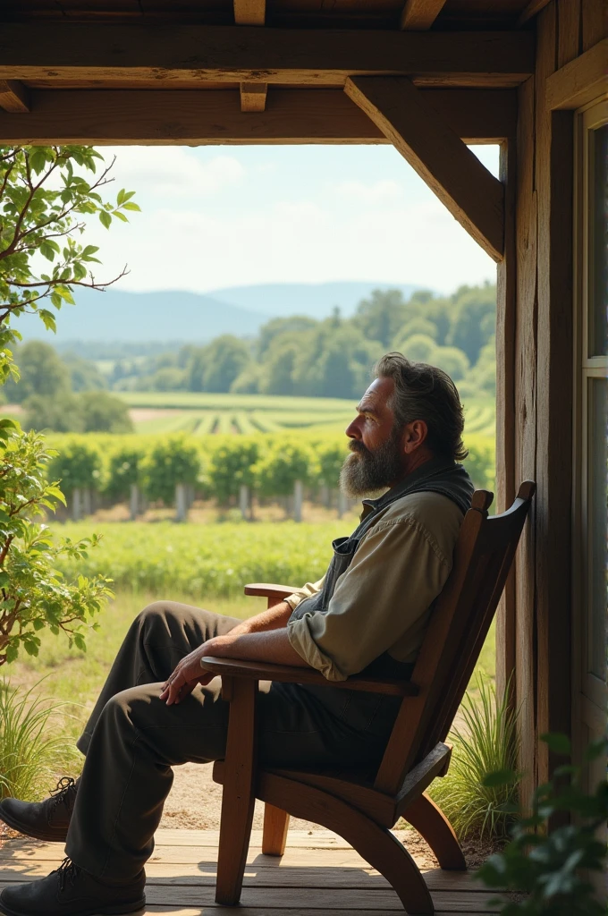 A bearded man sitting on a chair outside his house looking at his crops