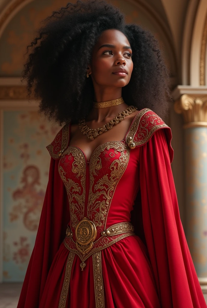 Curl hair. Beautiful Kenyan woman. Hero outfit color red. She wears a red mask. Hand logo on her hero outfit. EXTRAVAGANT RENAISSANCE HEROIC OUTFIT. SHOW FULL PERSON. REALISTIC