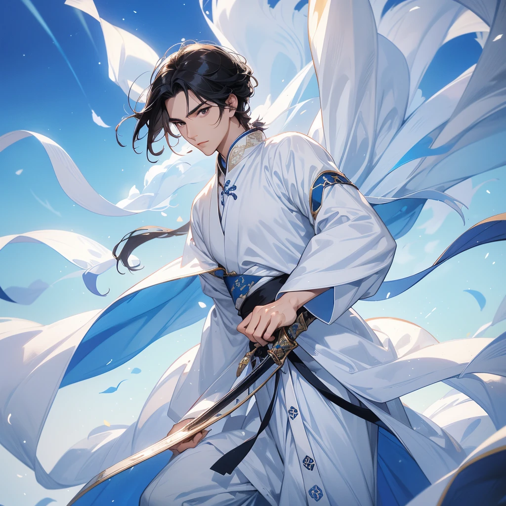 A Handsome black-hair male holding a large sword in white hanfu dress, Background is a blue sky, with low floating blue clouds all over the area, close up.