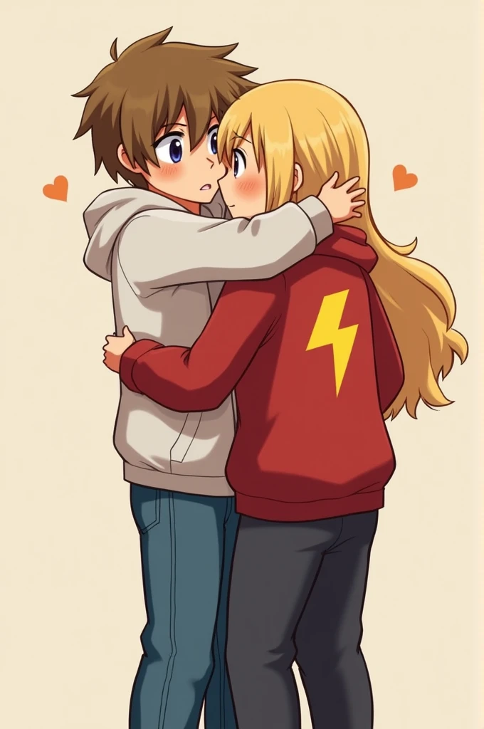 Create a detailed image of two Minecraft-style characters hugging. The first character has light brown hair, wears a white hoodie, and blue jeans. The second character has blonde hair, wears a red hoodie with a yellow lightning bolt on the front, and dark pants. They should be standing in a simple, neutral background with their arms around each other, showing a warm and friendly embrace."