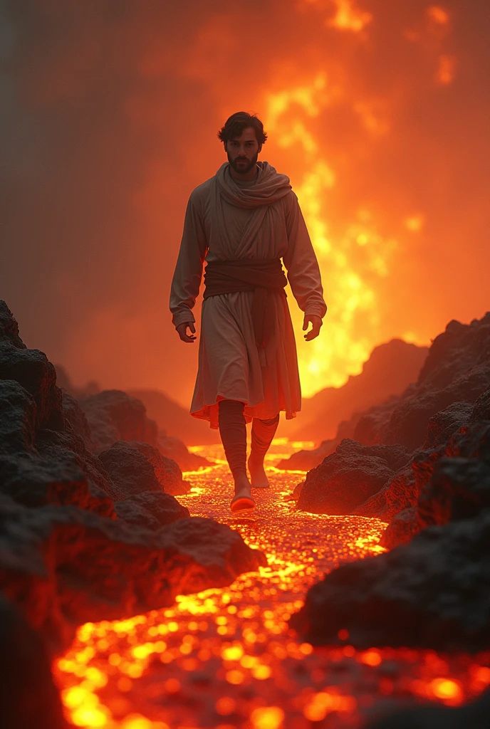 "Create a dramatic and inspiring image of a Christian walking across the lava of an erupting volcano. Depict the individual with a look of determination and faith, carefully treading over the molten lava with a steady and resolute posture. The surrounding scene should be filled with fiery, flowing lava and dark, billowing smoke, highlighting the intense and dangerous environment. Despite the perilous setting, the individual should be shown in a calm and composed manner, symbolizing their unwavering faith and trust. Soft, ethereal light or a faint, protective aura could surround the person, suggesting divine guidance and protection amidst the chaos. The overall mood should convey a powerful sense of courage and faith overcoming extreme adversity."










































































