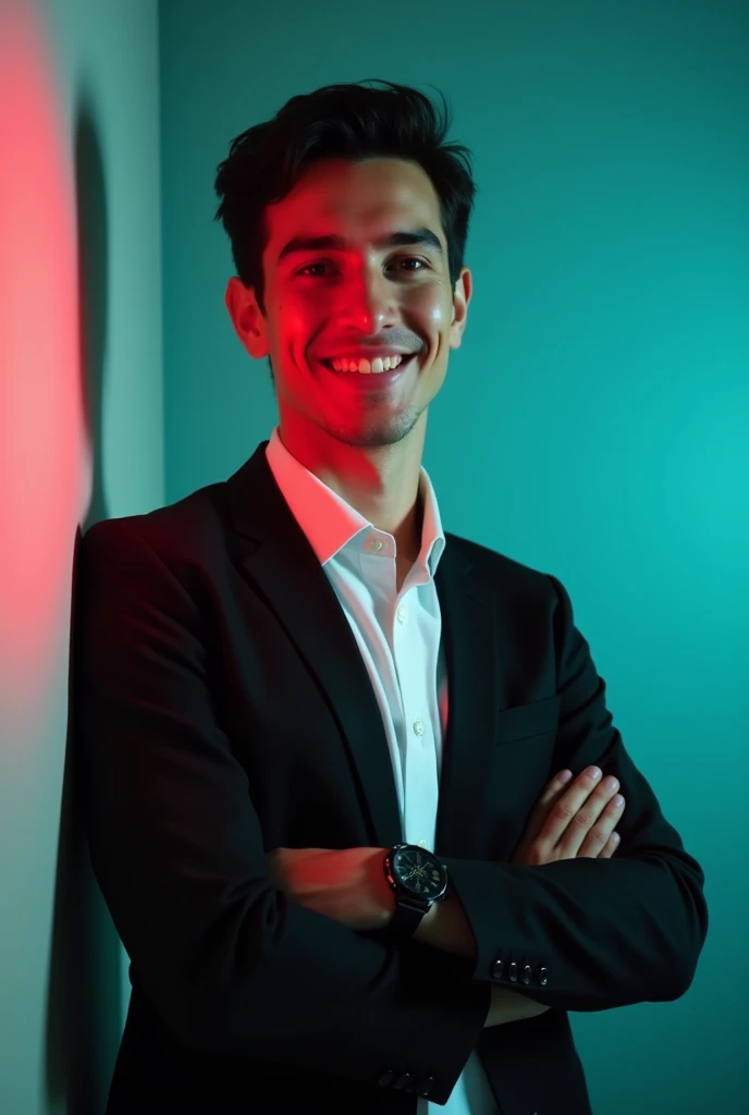 +
A young man with dark hair and a confident smile. He is dressed in a black blazer over a white shirt. The man is positioned against aqua colour backdrop with a subtle red lighting on the left side. and he posing for Linkedin profile