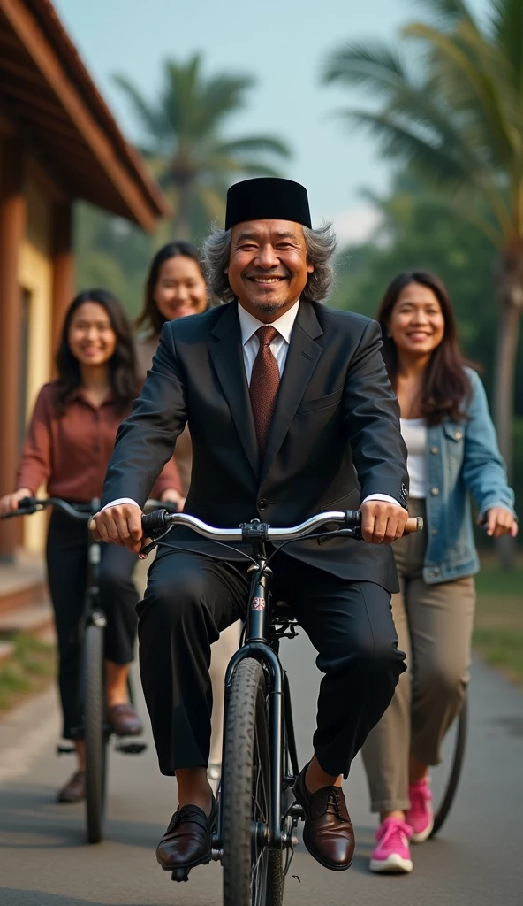 A 40 year old Indonesian man, wear a black Muslim cap, pakai jas dan dasi dan long pants, wearing leather shoes, sit down, smile riding a bike while carrying 4 beautiful Indonesian women, his body is quite fat, fair skin, big nose, long wavy hair, wearing a denim jacket, long pants, wearing pink sneakers, sit down, happy face facing the camera, in front of the country house, evening atmosphere, minimal defects, very detail, realistic, 8K picture