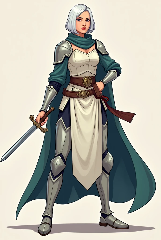 Create a female cleric in the exact style of Vox Machina from Critical Role. She should have short white hair and wear light, medieval-style armor. She is holding a small sword. Ensure the artwork features the signature elements of Vox Machina: bold, clean outlines, vibrant flat colors, and minimal shading. Focus on a stylized, comic book aesthetic with strong, defined lines and a dynamic, heroic pose. The overall look should be consistent with the heroic and elegant design typical of Vox Machina art