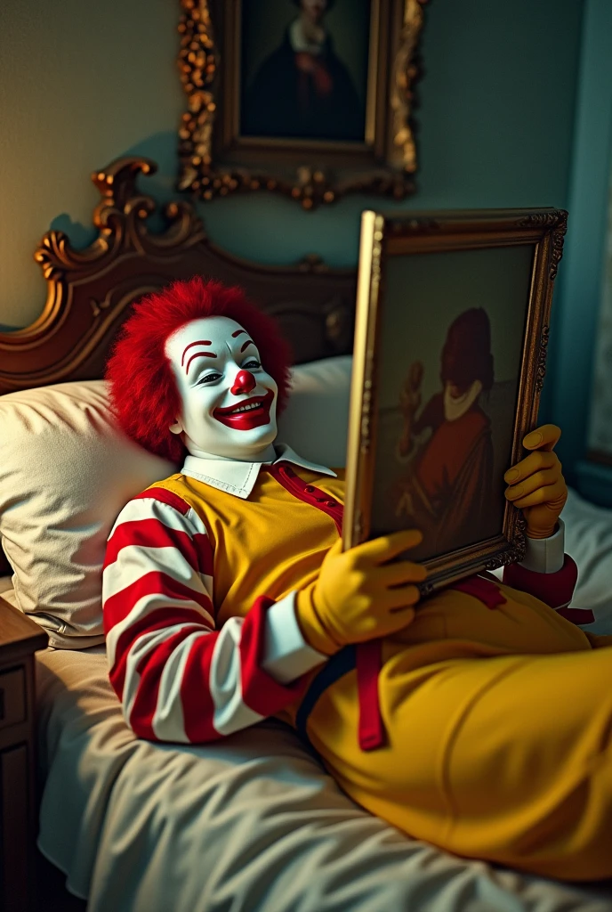 the image shows Ronald McDonald lying on a bed holding and looking at a painting. Angle of the side image. HQ image style