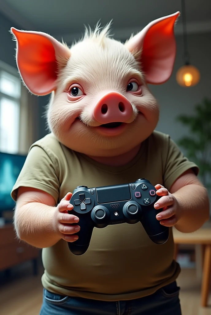 Pig man holding PlayStation 4 controller