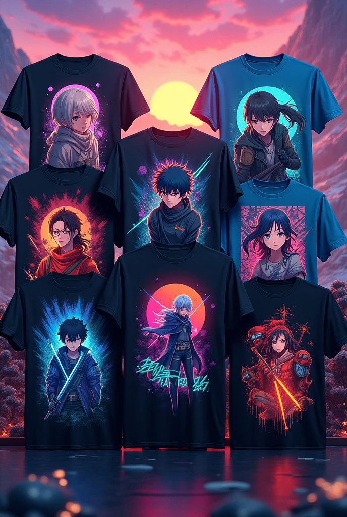 Generate an image of several t-shirts with different anime designs and give it an aesthetic background. 
