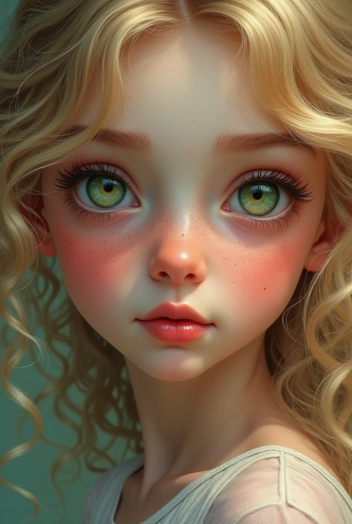 A girl with slanted green eyes, silky curly blonde hair and pink cheeks,with small freckles on thick lips,Darker colored medium eyebrows with realistic round tender face