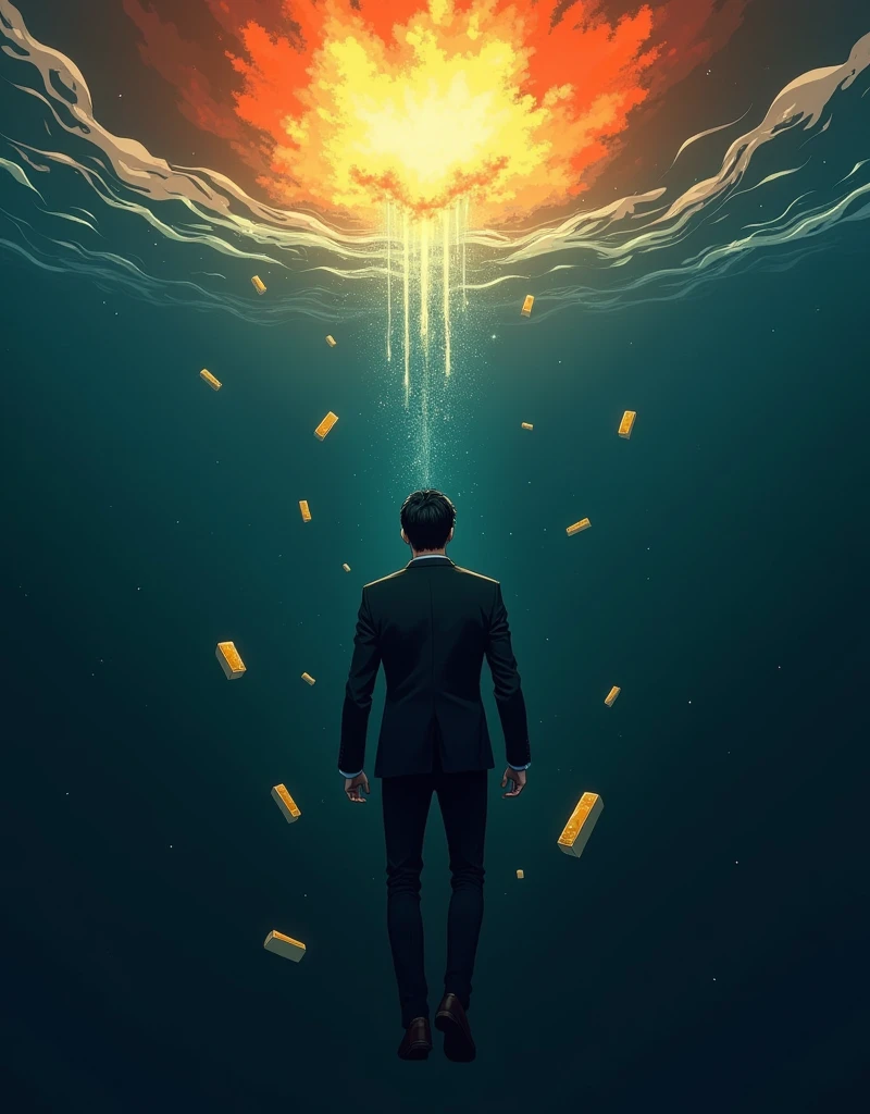 Create a anime style landscape image. Surreal digital artwork depicting a man in a suit submerged underwater, floating in a dark, deep blue environment. The man has short dark hair and light skin, and his body is oriented horizontally with his back facing the viewer. Above the water's surface, there is a dramatic, fiery explosion with bright orange and yellow hues, creating a stark contrast with the dark water below. Scattered around the man are several gold bars, adding an element of intrigue and symbolism to the scene. The overall composition is striking, with a strong contrast between the calm underwater setting and the chaotic explosion above.