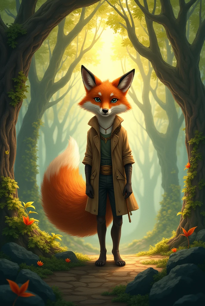 man with fox ears and tail with a magical forest behind then written in the middle the adventures of Florian the fox man 