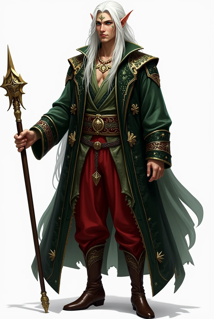 Race High Elf Male Long, snow-white hair Heterochromatic eyes - one emerald green and one ocean blue White skin, with golden markings on his face symbolizing his royal lineage Height: 1,92m
Peso: Approximately 99kg Body: Well defined due to long training Age 25 years Clothing:
- Blouse: Moss Green - Night Black Overcoat, with stellar details, going up to the knee - Belt: For the staff - Pants: Red Color - Boots: Dark gold and brown details, up to the knees