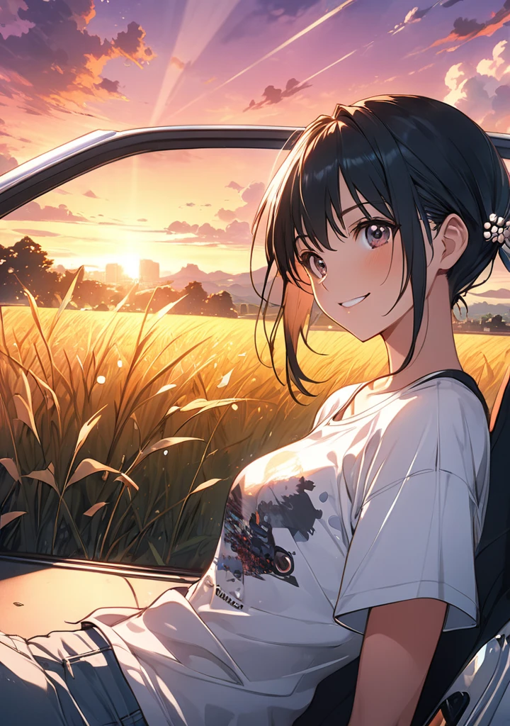 1boy, makima from chainsaw series,(upper body: 1.8), attitude smiling, anime landscape of A pearl super sunny, Red classic 1993 BMW E30 318i sport sits in a field of tall grass with a sunset in the background.character must be sitting on the car, half pants, white sneakers,beautiful anime scene, beautiful anime peace scene, Makoto Shinkai Cyril Rolando, beautiful anime scene, amazing wallpaper, anime art wallpaper 8k, anime background, artistic anime background, anime wallpaper 4k, anime art 4k wallpaper, anime wallpaper art 4k,