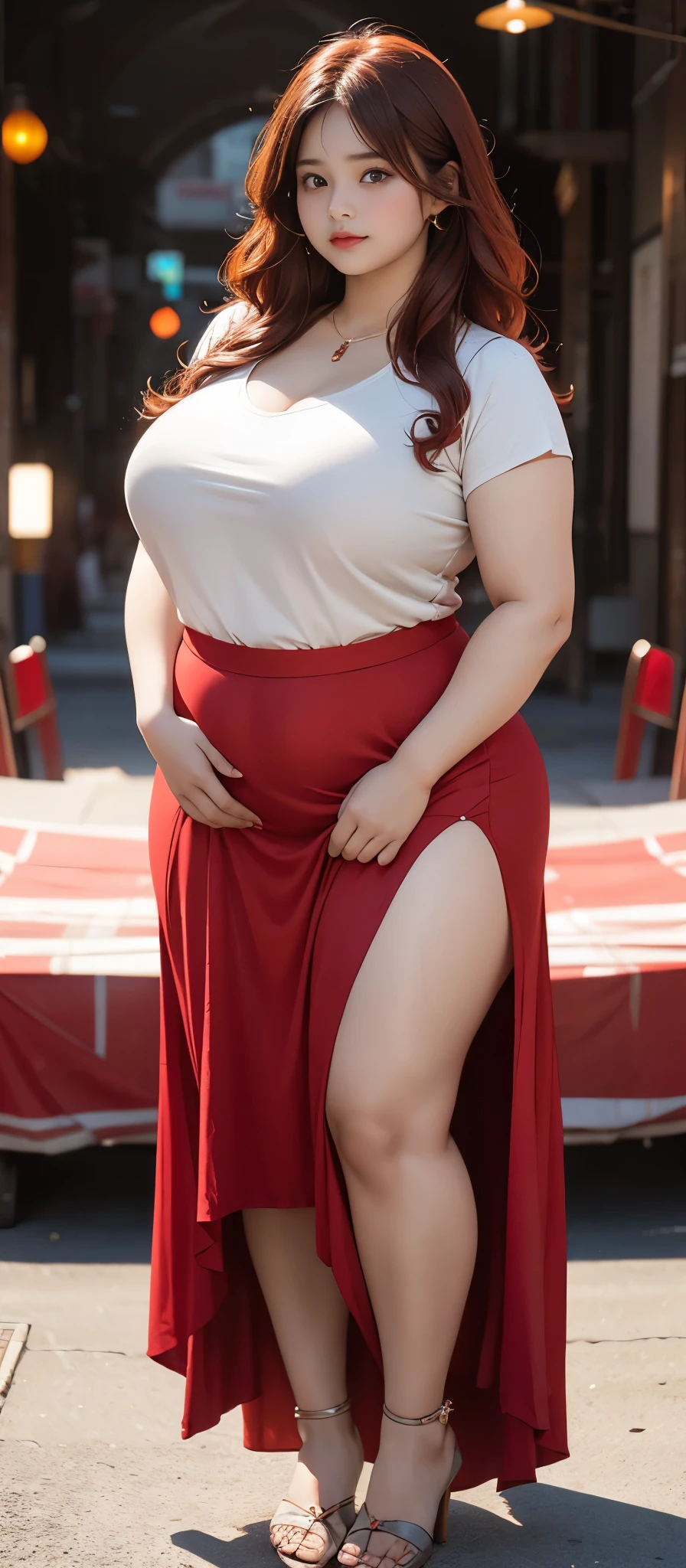 Full body portrait photography of a chubby indian young woman with colossal breasts, 22 years , red wavy hair,  looking at the camera blurred background