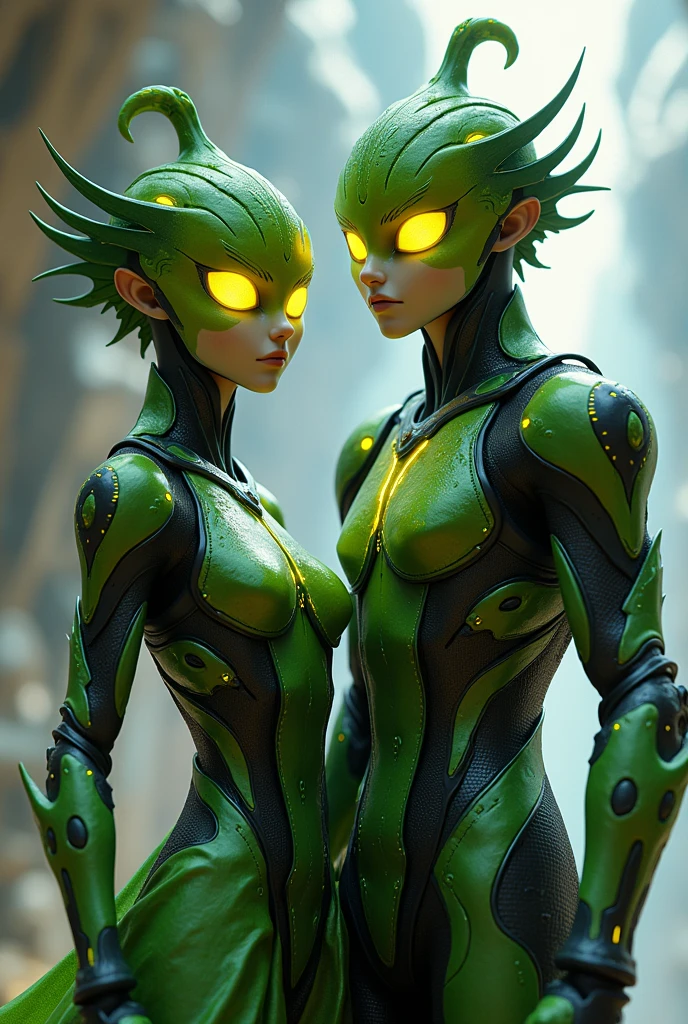 Cartoon photo of a woman in a green and yellow costume、Hot insect humanoid female、a person々takeout、Guyver Style、SFW version、Scarabeleploid、tail、Cel Shade Adult Animation、Alien Queen、