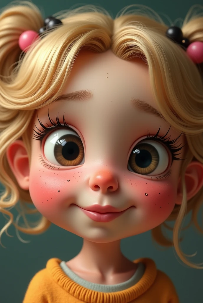 A  girl with chubby cheeks and dark-colored eyes with only one eyelid,with thick blonde curls,with thick lips with small freckles on the cheeks,with medium thick eyebrows and thin but long eyelashes,with mischief 