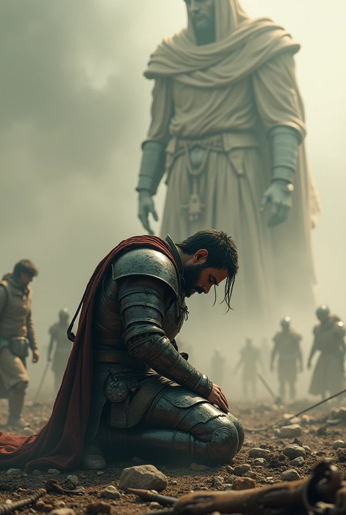 Warrior kneeling thanking God for victory