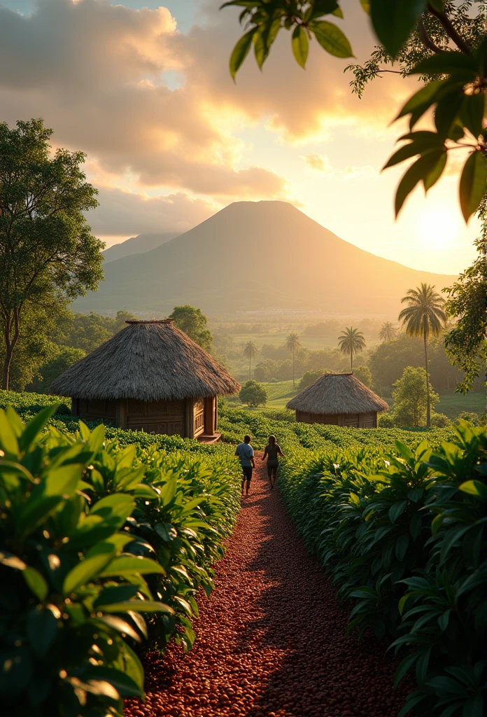 (best quality,4k,8k,highres,masterpiece:1.2),ultra-detailed,realistic,portraits,green,beautiful,coffee plantations,red coffee berries,rich soil,dew-covered leaves,morning sun,kilimanjaro backdrop,warm golden light,artistic,emerald,coffee bean fields,dense,abundant shade,cool breeze,harvest season,ripe cherries,fresh aroma,coffee lovers,ethereal,vibrant,serene,tranquil,peaceful,indulgent,caffeine,aromatic,fertile soil,coffee hamlet,quaint,farmers,proud,baristas,cultivation,hand-picked,brewing tradition,artisanal craftsmanship,coffee cup,fragrant steam,journey of flavors,caffeination,remote location,distant mountains,cascading waterfalls,Ripe coffee beans in a cinematic style with a panoramic perspective during the coffee harvest. --ar 2:3 --raw style