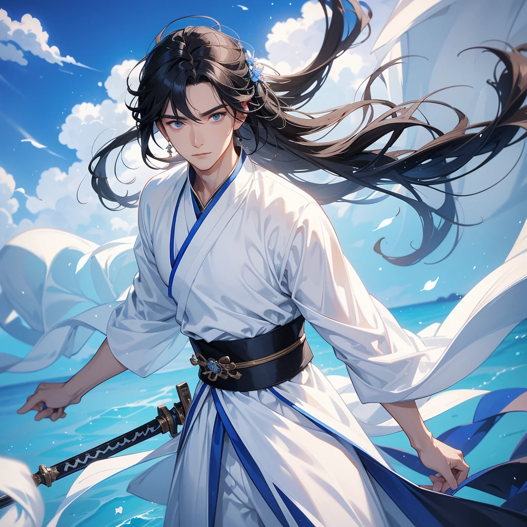 A Handsome black-hair male holding a large sword in white hanfu dress, Background is a blue sky, with low floating blue clouds all over the area, close up.