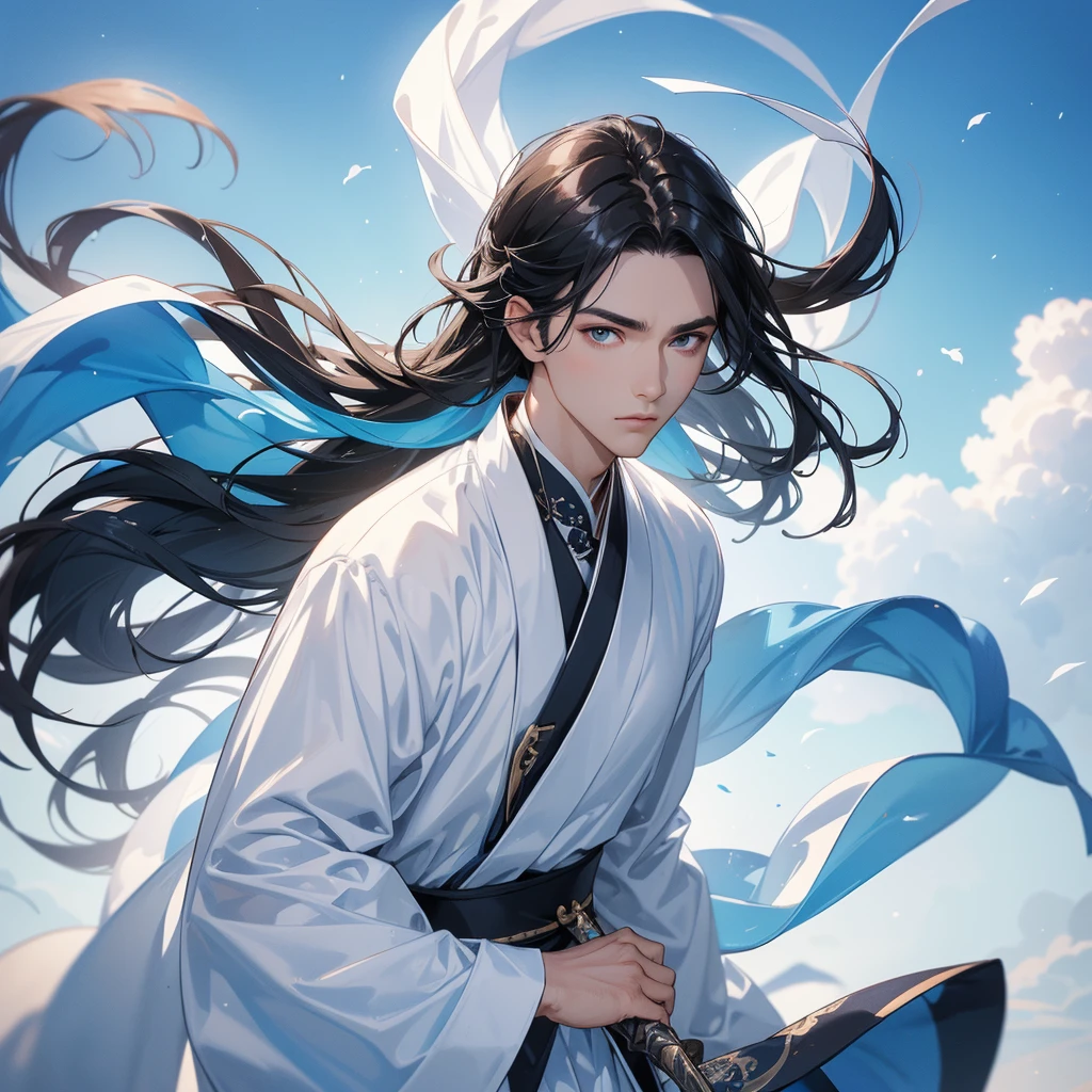 A Handsome black-hair male holding a large sword in white hanfu dress, Background is a blue sky, with low floating blue clouds all over the area, close up.