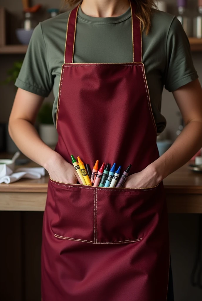 A maroon apron with a golden lining round it and a pocket at lower part with crayon picture illustration