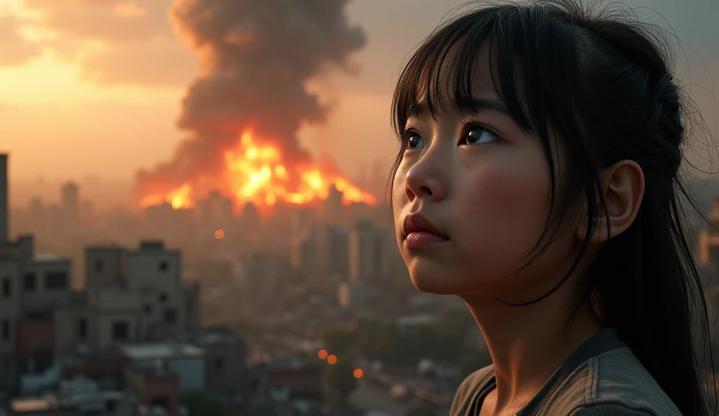 2024; (masterpiece, best quality) destroyed city (Hanói)1sad girl looking up(close-up); bombs falling from the sky; big explosions.