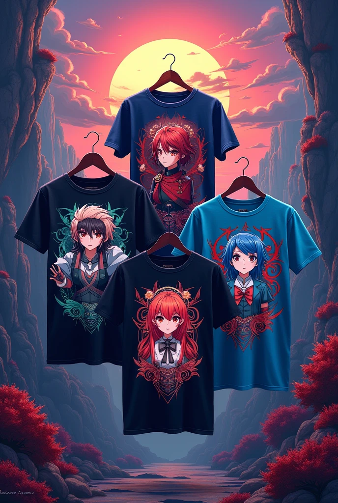 Generate an image of several t-shirts with different anime designs and give it an aesthetic background. 