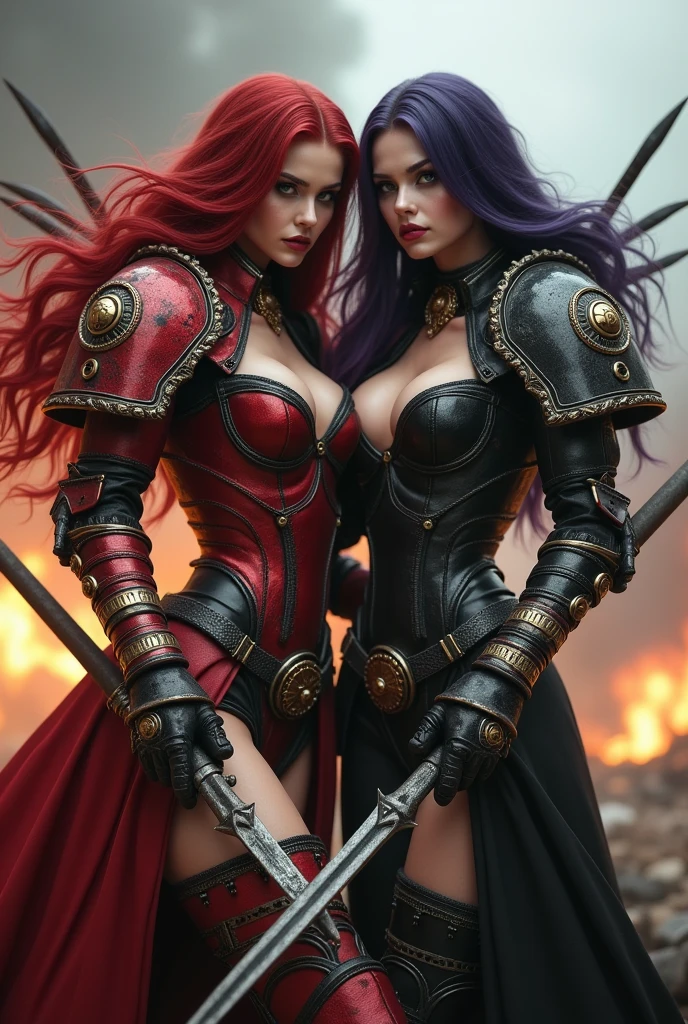 Full body pose sexy sisters of battle from the warhammer 40k, shooting at the enemy, red space marine armor with intricate details, black space marine armor with intricate details, symbols on the armor, sisters of battle, warhammer 40k, Massive exposed silicone breast, pale skin, seductive, temptation, eat your soul, clevage, long red flowing hair, long black flowing hair with purple highlights, heavy gothic makeup, at night, neon, beautiful detailed eyes, beautiful detailed lips, extremely detailed eyes and face, long eyelashes, highly detailed armor, intricate futuristic weaponry, dramatic lighting, cinematic composition, muted color palette, gritty and realistic, mecha, science fiction, hyper-detailed, photorealistic, award winning digital art, 8k, HDR, masters work, in the middle of a battle field, full body combat action pose, explosions and fire around, full war, stunning, Stilleto heels, high heels, full body pose, cinematic, movie trailer, final stand!, nemesis, ready to strike, dust and debree, combat screams, attacking, shooting at the enemy, running forward, last line of defense, charging, fanatic, religious, templar knights, sisters of battle, warhammer 40k, shooting at the enemy, bimbo gigantic exposed breast, jetpacks, space marine, stilleto heels, cinematic light, cameltoe pussy, beautiful pussy, wet pussy, wet body, oiled body, gigantic breast, dynamic super sexy combat action pose, sisters of battle from the warhammer 40K