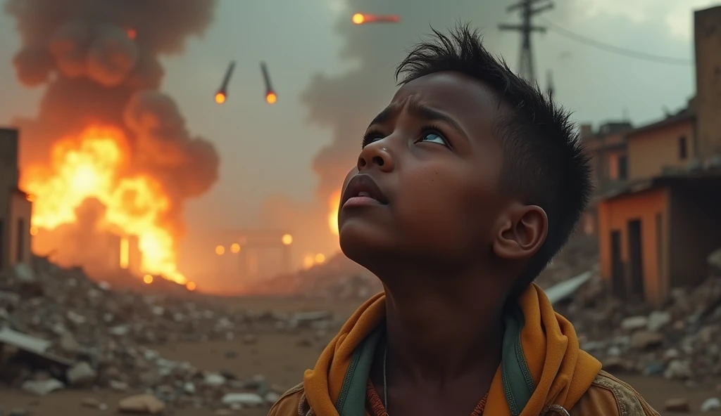 2024; (masterpiece, best quality) destroyed city (Luanda)1sad boy looking up(close-up); bombs falling from the sky.; fire around; big explosions.