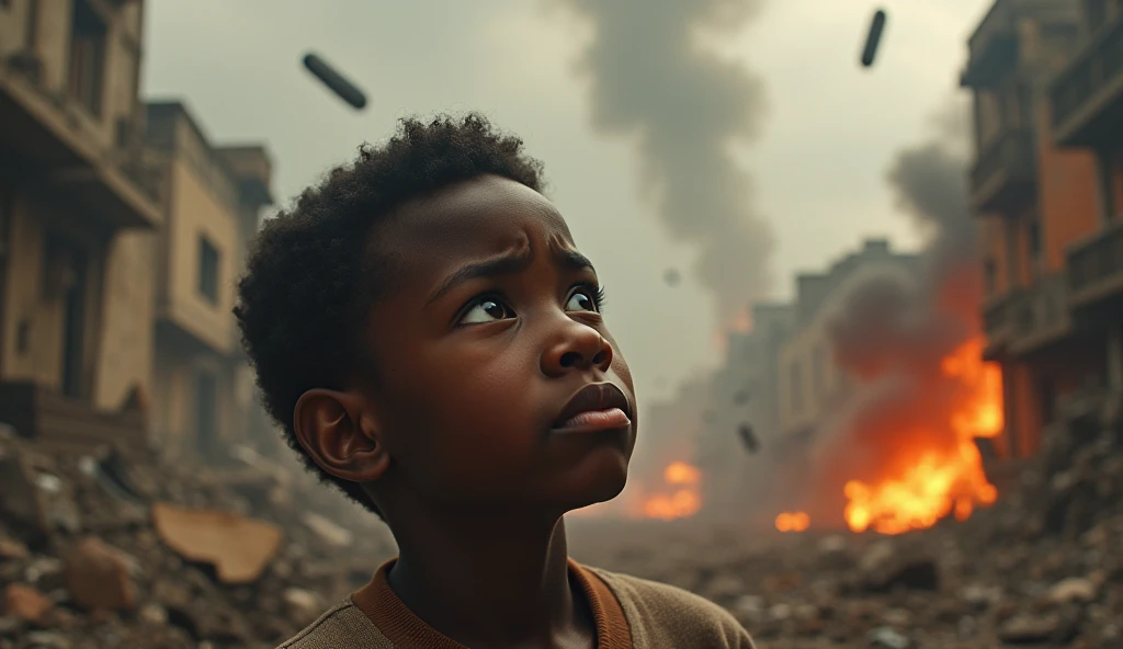 2024; (masterpiece, best quality) destroyed city (Luanda)1sad boy looking up(close-up); bombs falling from the sky.; fire around; big explosions.