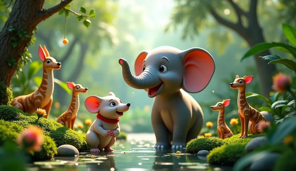 In 3d style "A scene with all the animals , with mouse Chiku and big elephant Mohan being honored and thanked for their efforts to restoration of jungle after the storm"