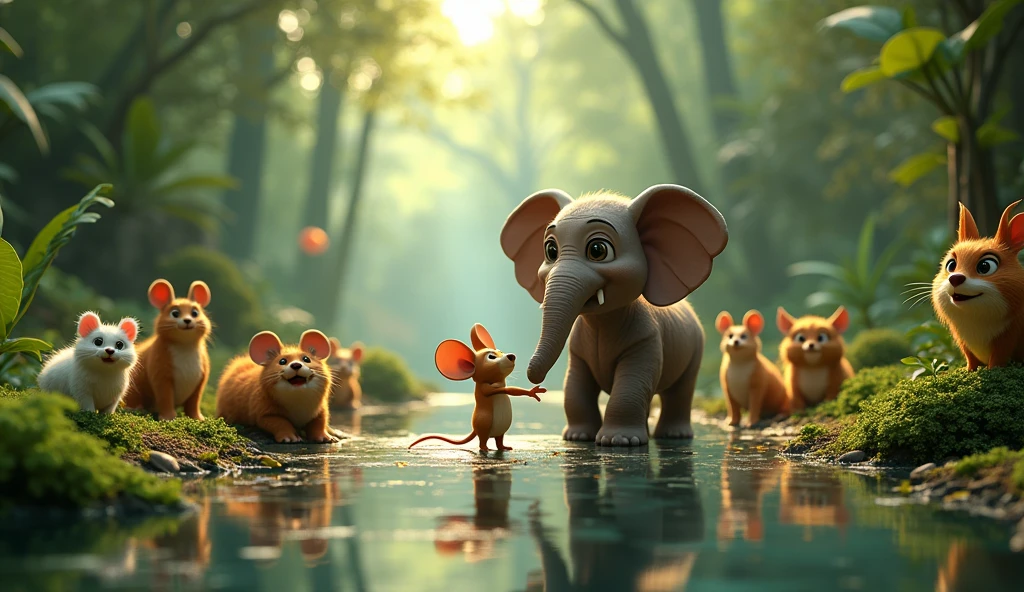 In 3d style "A scene with all the animals , with mouse Chiku and big elephant Mohan being honored and thanked for their efforts to restoration of jungle after the storm"