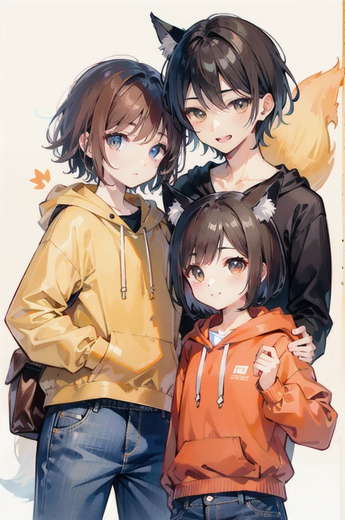 Orange hoodie、Brown jeans、A fox mask is attached to the side.、Brown Hair、Eyes are hidden by hair、smile、Short Hair、male、I don't write、Arms crossed