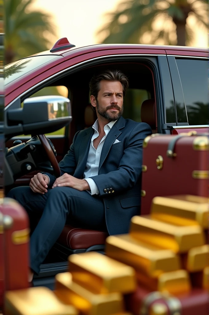 Handsome elegant man with a lot of money in suitcases and gold bars, Driving a GMC Sierra Denali Ultimate Pickup, 4, happy and resilient