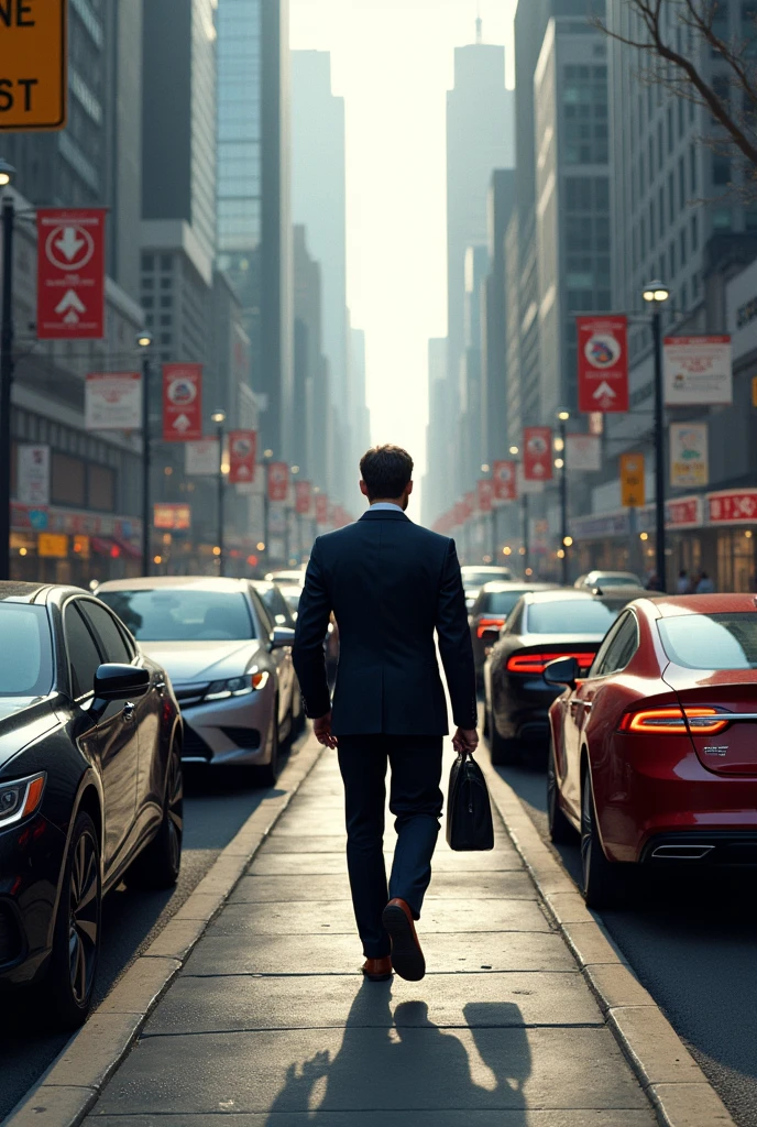 Create an image of a person walking on the street with cars waiting