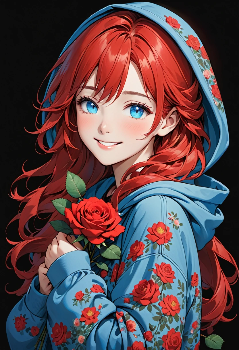 girl with Blue hoodie holding a red rose with beautiful eyes and face, 1girl, solo, hood, flower, holding flower, red hair, rose, one eye closed, looking at viewer, black background, holding, long hair, hoodie, simple background, upper body, long sleeves, smile, Blue eyes, red flower
