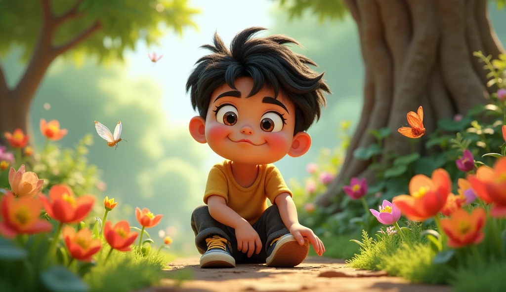 Hasan, the younger brother, is playful and initially neglectful of his own garden Cartoon 3d image