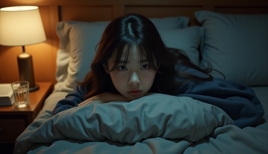 a beautiful brunet asian women waking up in fear in a cozy dark bedroom