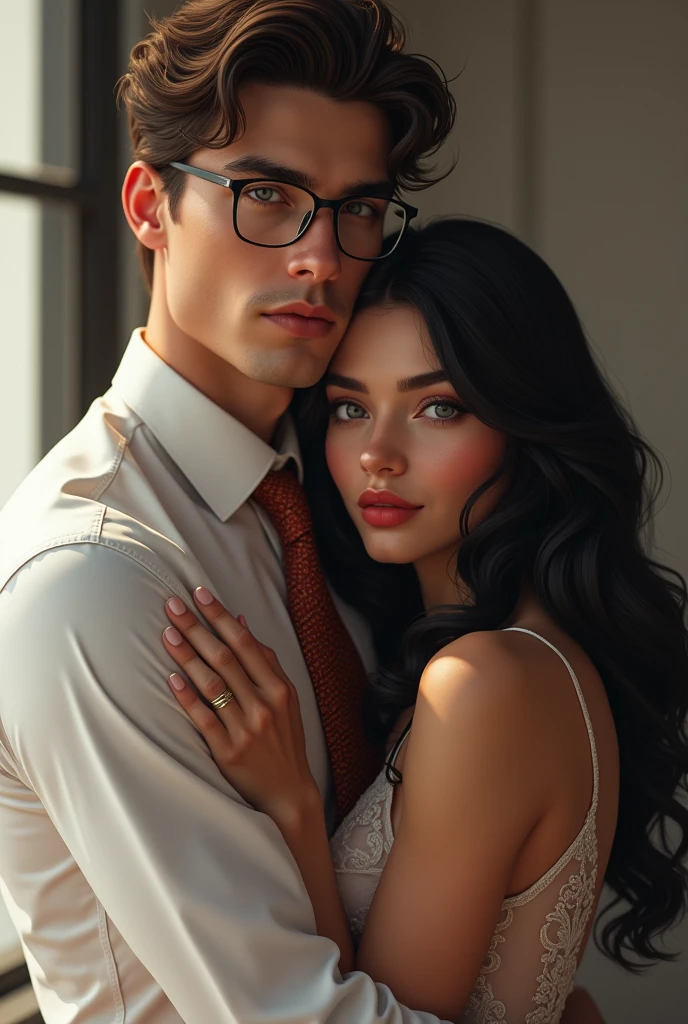 Create a sophisticated , handsome man with brown curly hair who wears glasses and wears a white dress shirt with a red and gold tie. He is hugging a , who has black hair, gray eyes and is very beautiful