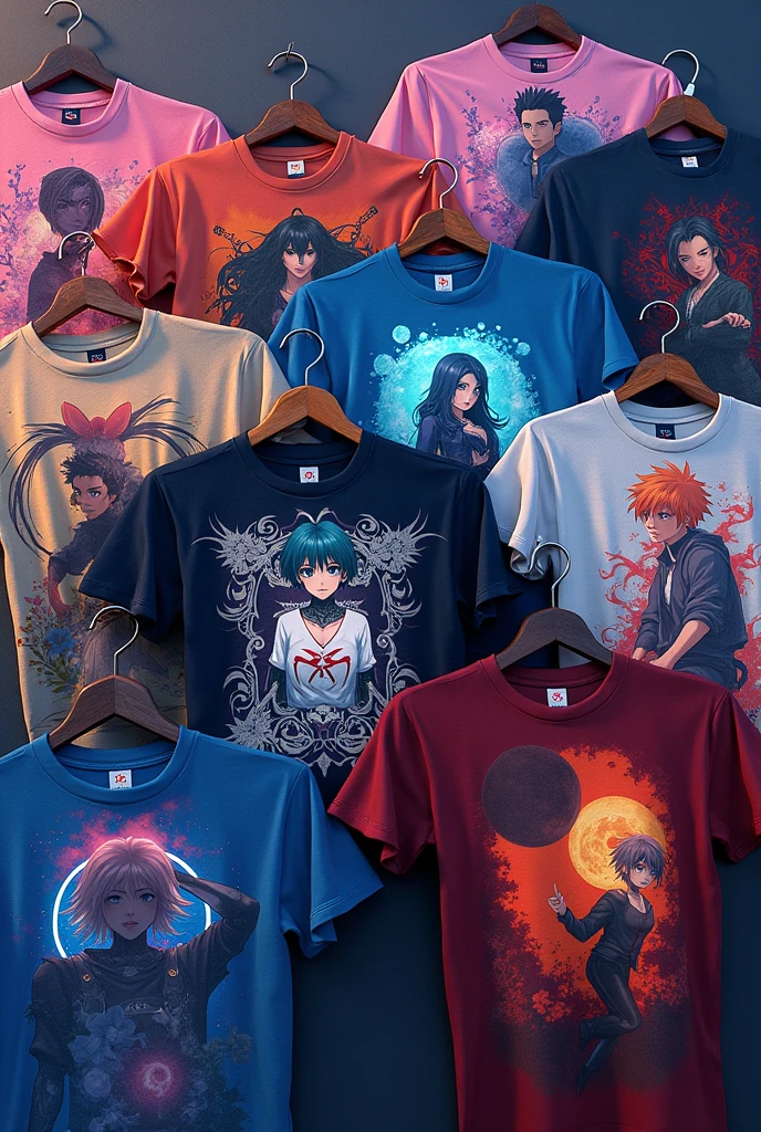 Generate an image of several t-shirts with different anime designs and give it an aesthetic background.