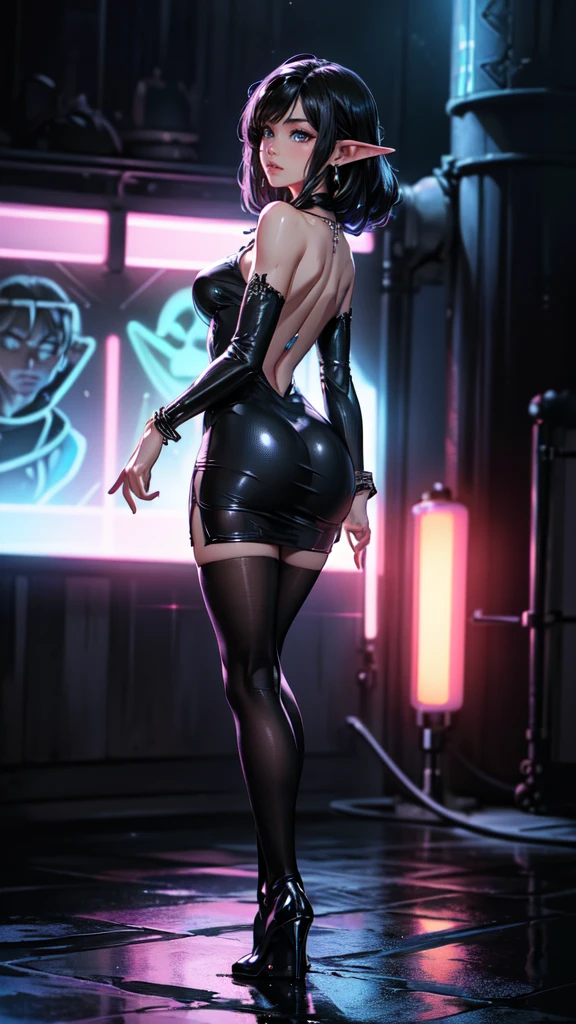 8K, Masterpiece, RAW photo, Best quality, detail:1.2), Photorealistic, Extremely detailed Cg Unity 8K wallpaper, Depth of field, Cinematic light, Lens flare, Ray tracing, (Extremely beautiful face, Beautiful lips, Beautiful eyes), intricate detail face, ((ultra detailed skin)) 1girll, In the dark, deepshadow, Pretty Korean girl, Kpop idol, (Very slim and slender muscular body:1.3), ((view the viewer)), (Big smile), (bodycon minidress), (Pink dress), (Injection sleeve), (City Night, (neon lights sign), (Night), Pretty Korean girl, Earrings, bangle, necklace, Pantyhose, Clear eyes, Walking, (Pale skin), Face forward, (Big eyes), ((upperbody shots)), tightly dress, Silk dress, Turn Back, Back shot, Very slim, slander,detailed eyes, detaield hands, detailed face, elf woman, full body, wet,drops of water,wet