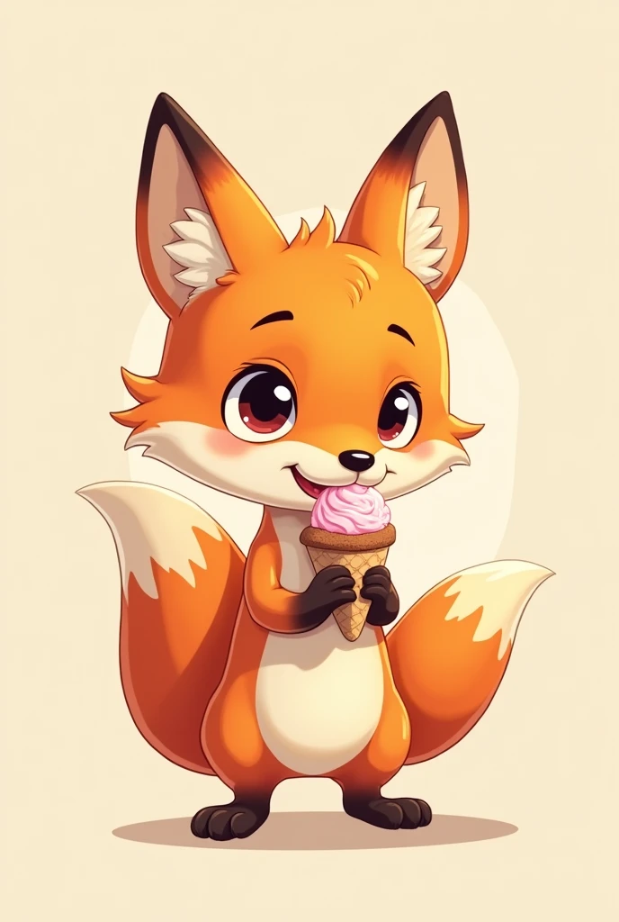 Male young fox as cartoon character eating scoop of ice cream without other characters, without background
