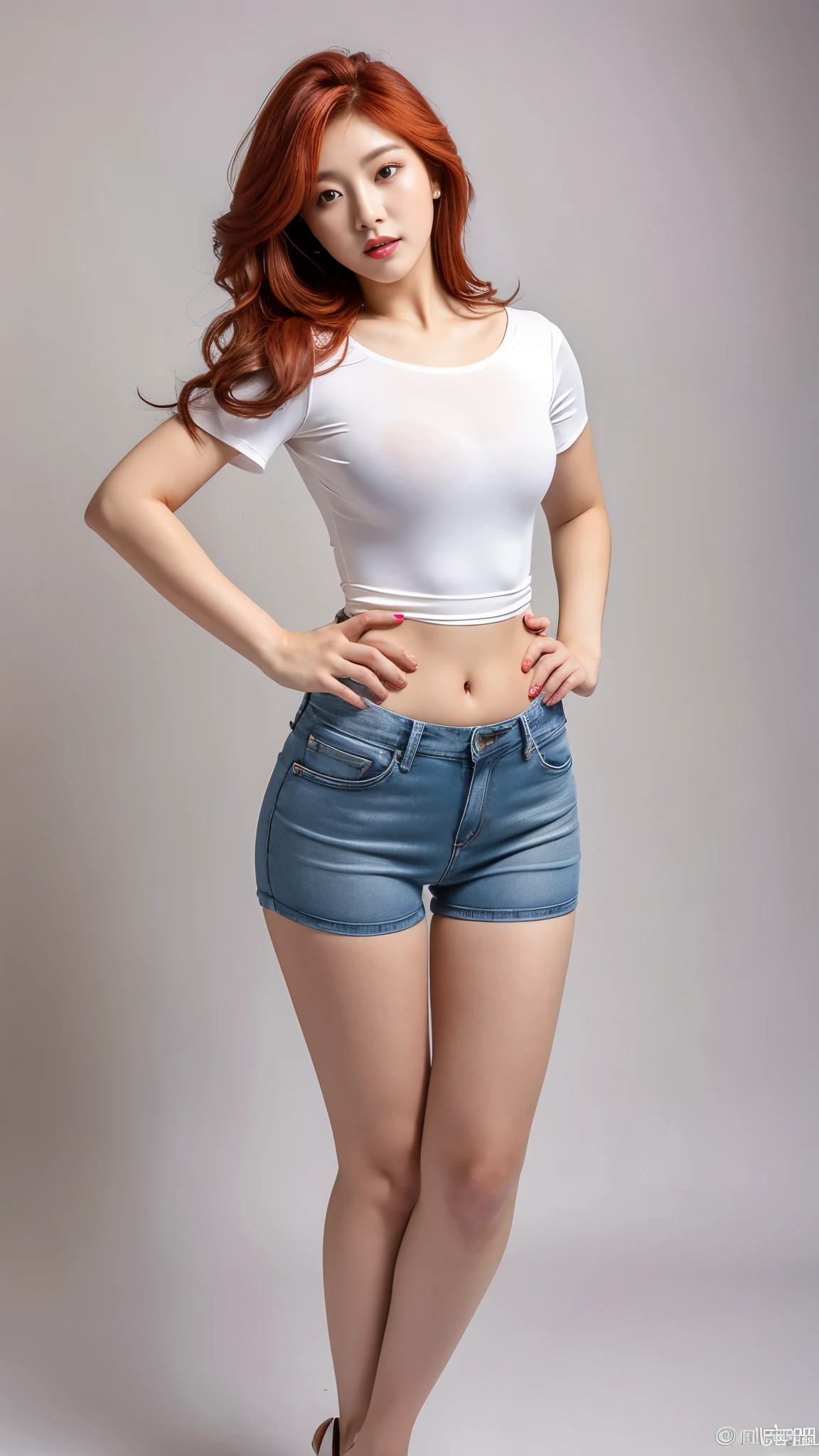 a sexy korean adult model, flowy layered-red hair, glossy lips, braless, colossal breasts, long legs, wearing a casual white tight shirt with rounded-neck spandex short-sleeve, jeans short-shorts, photo session, high heels, potrait photo, at photo studio, seductive poses, front view