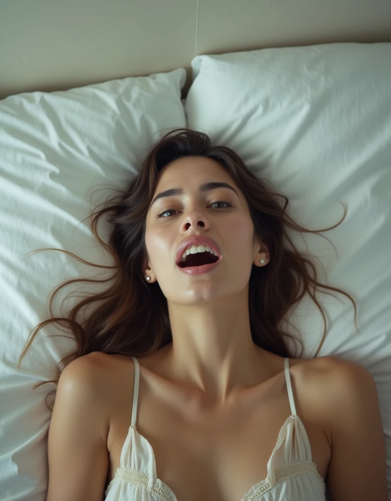 extremely quality photo, sharp focus, epic realism, realisitic, source_photo, proper alignment, young actress, orgasmic climax, at bed looking at the camera, bitting her lips