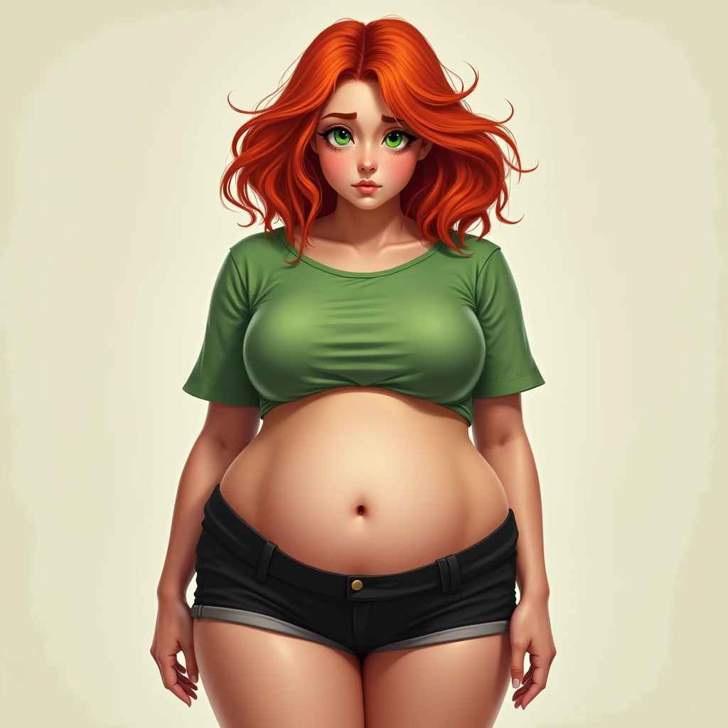 1 girl, Red hair, green top, black shorts, big hanging belly, green eyes, Confused face, big hips