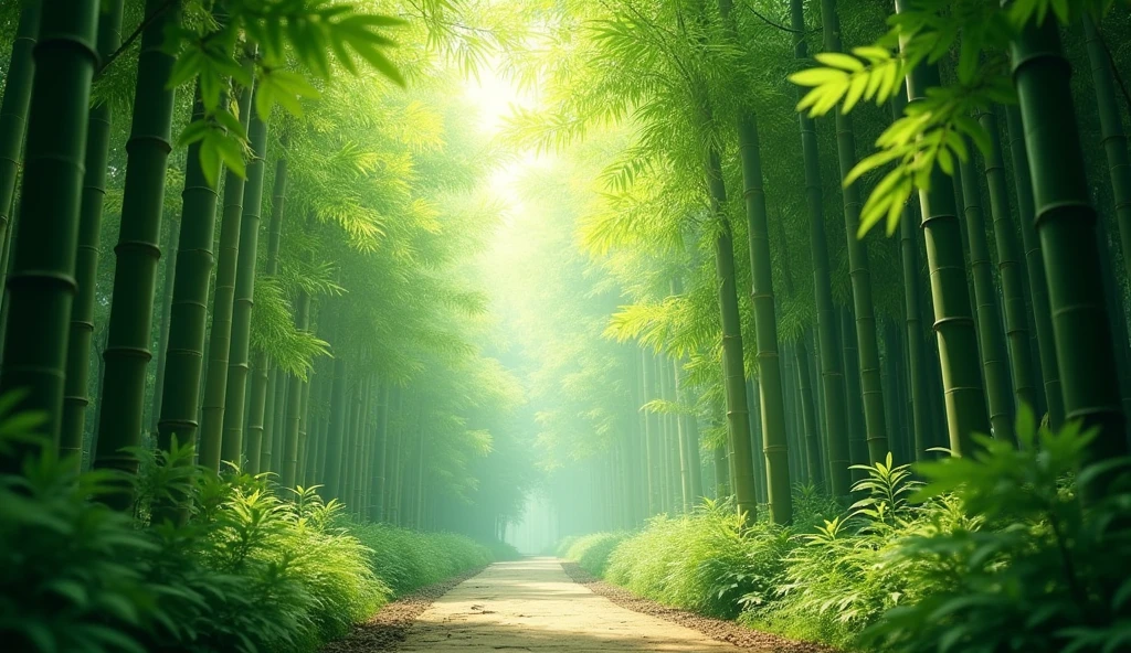 a lush and verdant bamboo forest, beautiful detailed bamboo stalks, sunlight filtering through the leaves, serene and tranquil atmosphere, organic textures, natural lighting, vibrant green hues, (best quality,4k,8k,highres,masterpiece:1.2),ultra-detailed,(realistic,photorealistic,photo-realistic:1.37),intricate foliage, peaceful forest landscape, calming zen-like setting, natural environment, dynamic camera angle