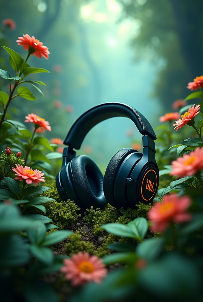 JBL gaming headphones with Green Plants and Flowers grabbing you in the middle of an Enchanted Forest, with a streetwear-style background, ultra detailed, realistic, --AR 4:5 --V 6.1